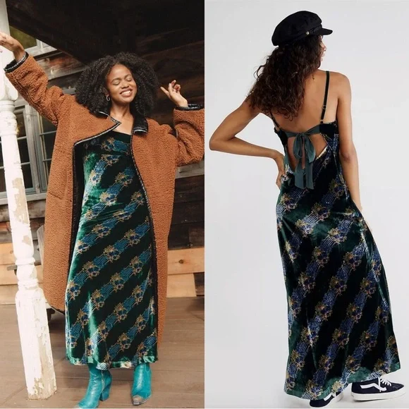 Free People Juliet Velvet Printed Maxi Dress Size Medium NWT Emerald Combo Maxi